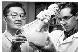 Photo of Dr. Shih and graduate student, Dr. Scott Carter.  They are inspecting feathers and the bacteria growing on them.