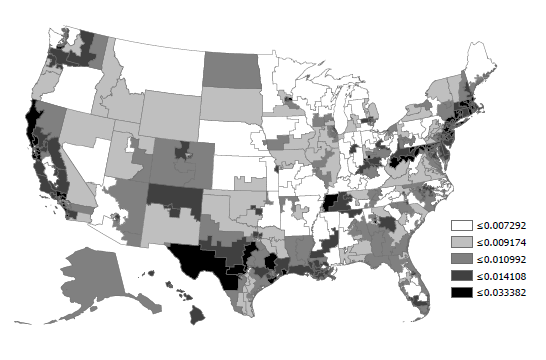 113th Congress, Inequality map (Gini coefficient by household)