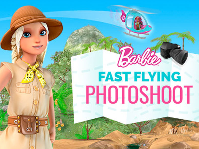 Barbie character wearing a hat and khaki dress with a blue helicopter in the sky above her, next to the image of a camera and the text Barbie: Fast Flying Photoshoot