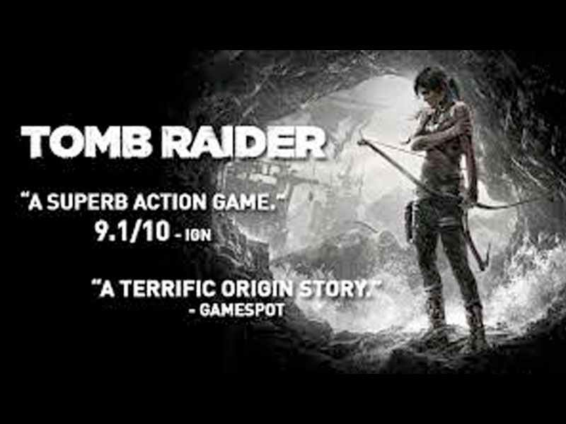 Lara Croft standing in a dark space with the text Tomb Raider: a superb action game, 9.1 out of 10, IGN and A terrific origin story, Gamespot