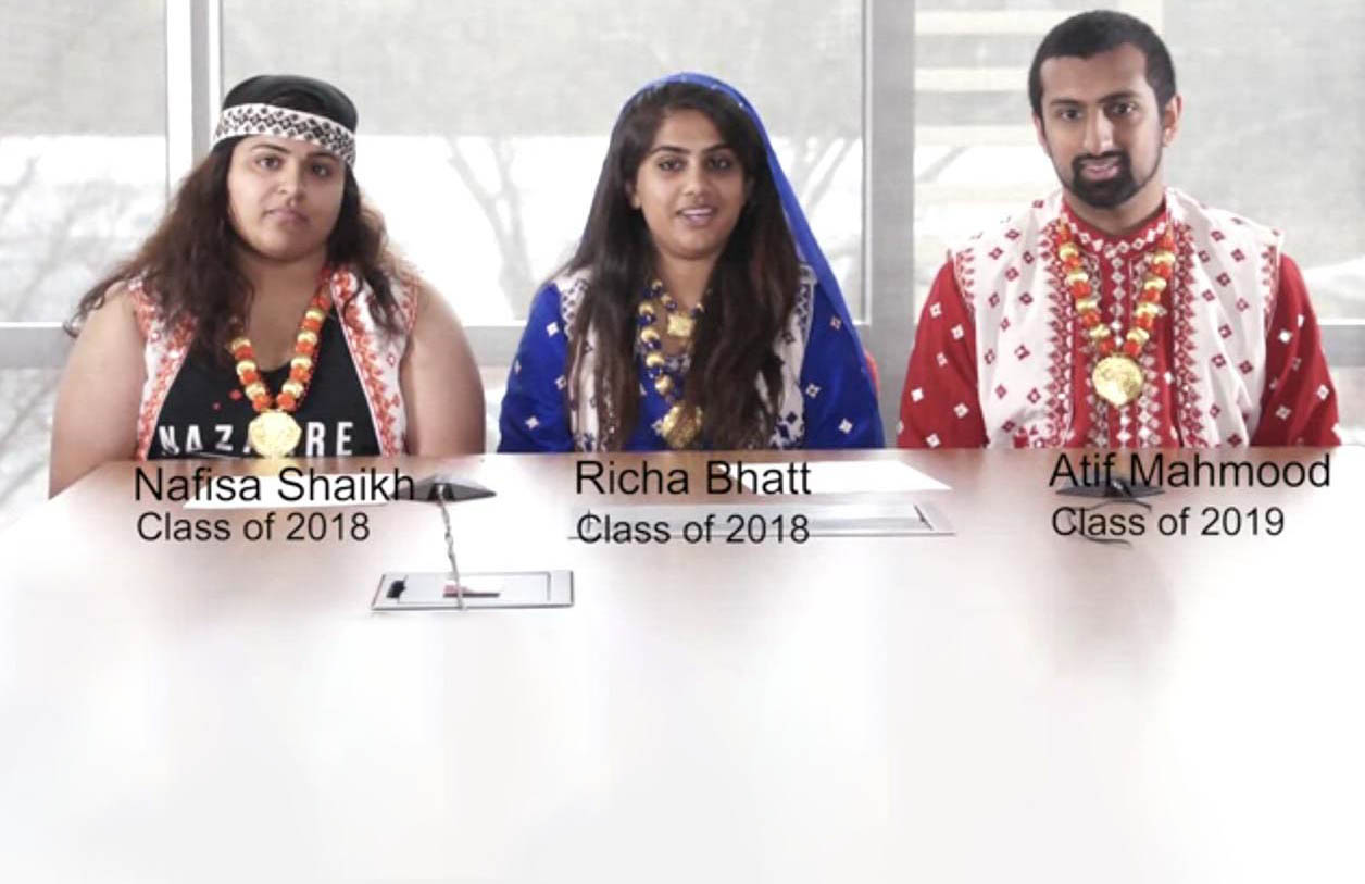 Three students sitting behind a table: Nafisa Shaikh, Richa Bhatt, and Atif Mahmood, all from Class of 2018 or 2019