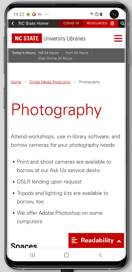 A page about photography open on a smartphone, with a Readability tab tucked into the bottom of the page