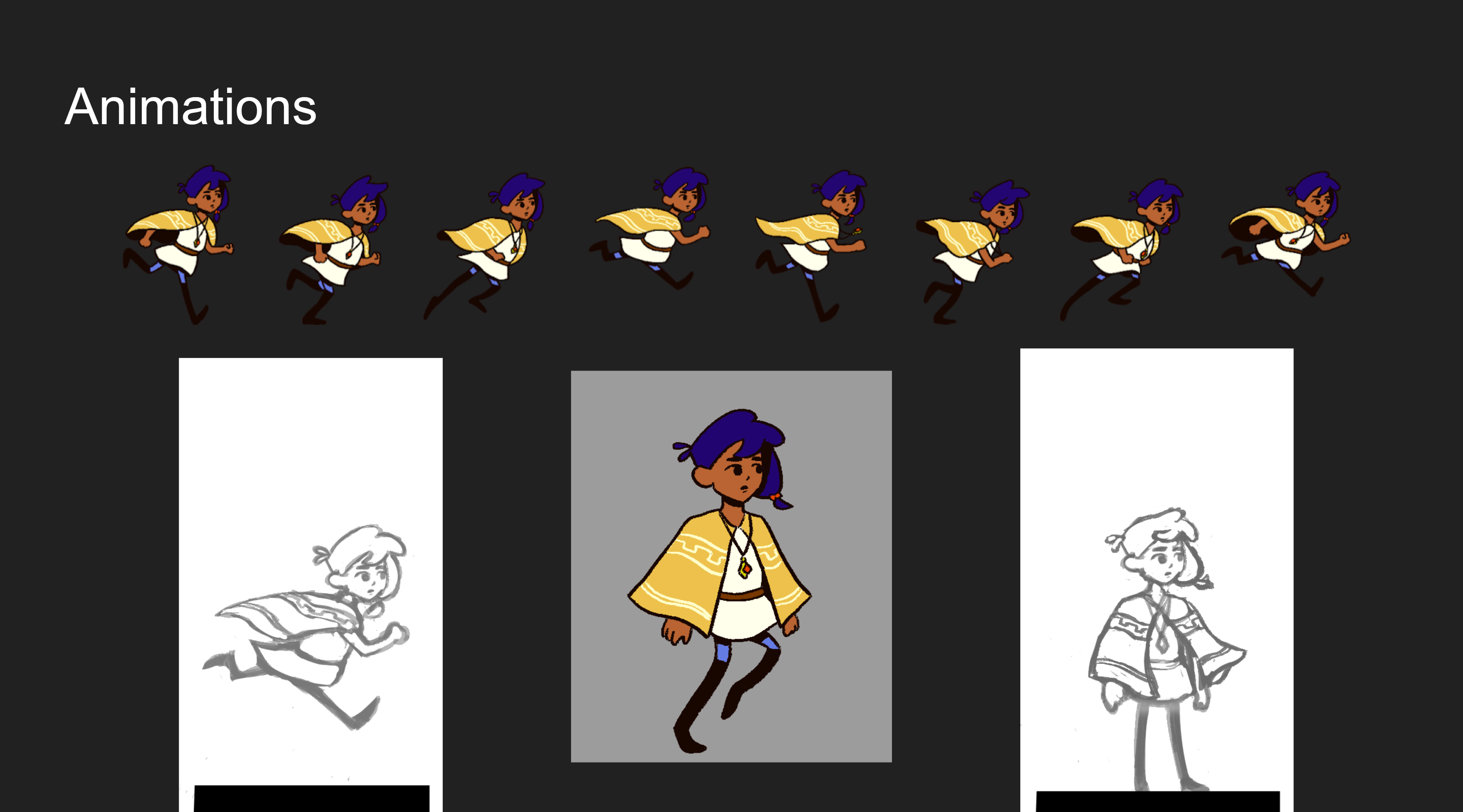 Character art and 'run cycle' keyframes for Mason, the player character in Mason and the Elegy of Time. Mason is wearing a yellow poncho, has blue hair and a white tunic in the most completed image.