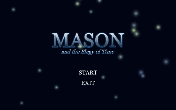 A GIF showing the title screen for Mason and the Elegy of Time. Fireflies move across the screen beneath stylized text showing the game's title.