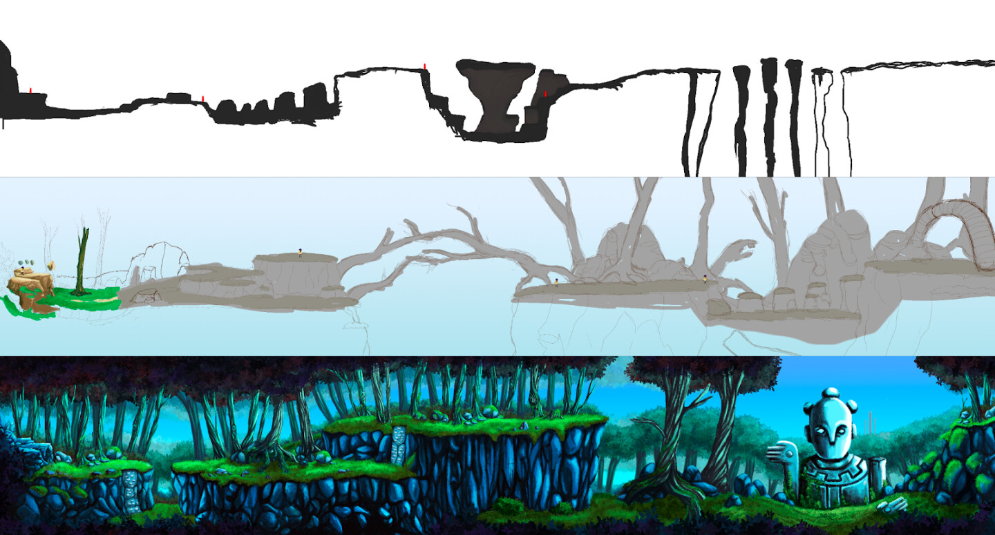 The world map for Mason and the Elegy of Time is shown in several levels of detail, including a collision map, in-process art, and the final map.