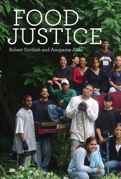 Food justice book cover, with a group of people in a garden