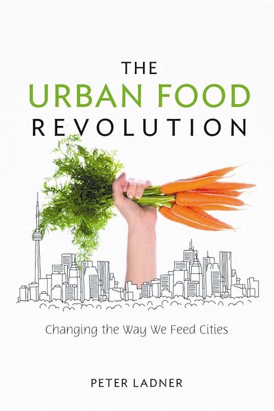 Urban Food Revolution book cover, with a defiant hand holding up carrots above a city skyline