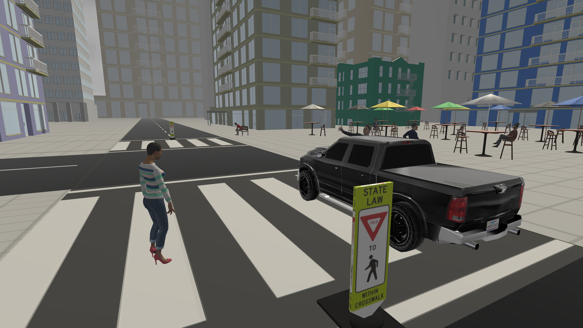 a still image of a virtual reality scenario of a black truck driving through a pedestrian crosswalk