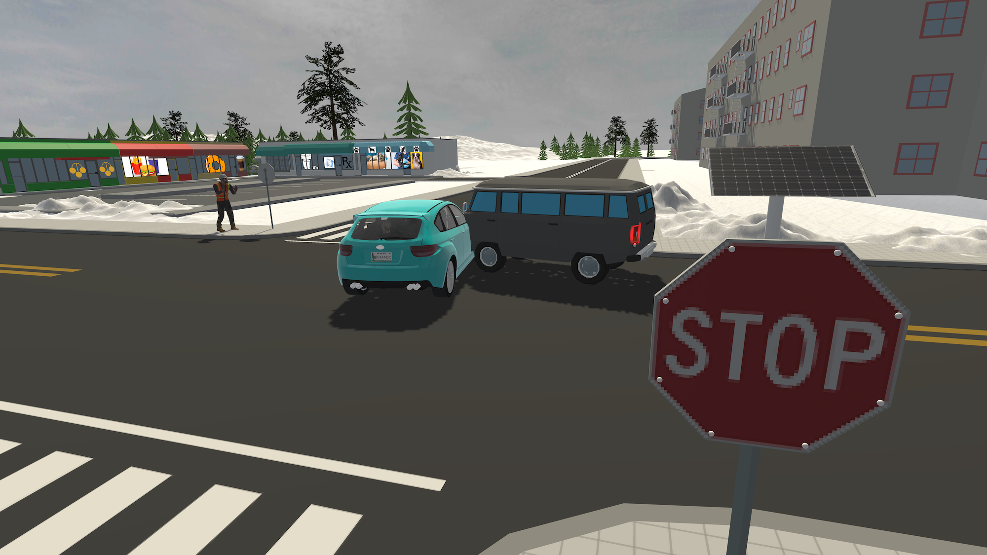 a still image of a virtual reality scenario of two cars crashing on an intersection
