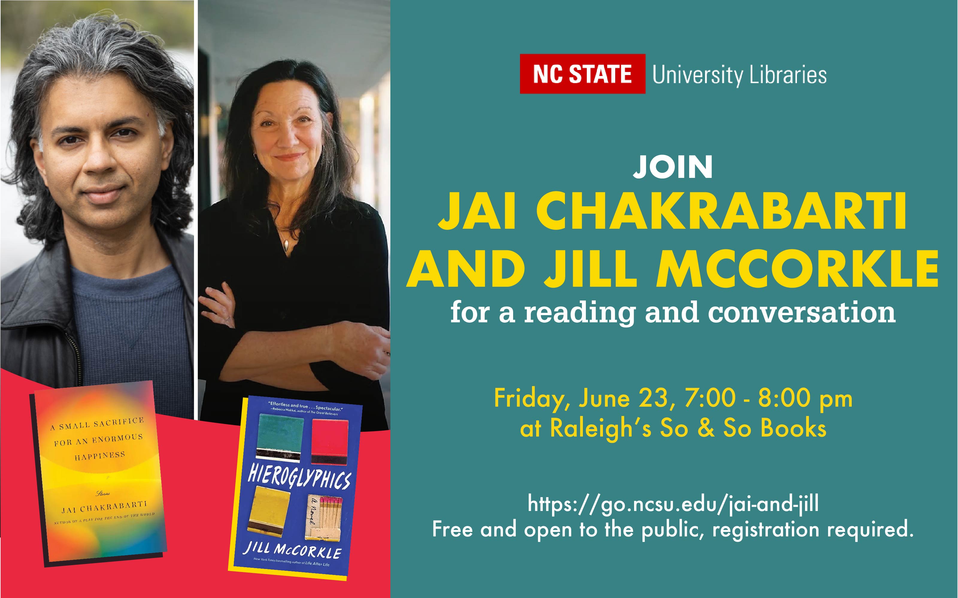 Authors Jai Chakrabarty and Jill McCorkle appear at Raleigh's So & So Books, June 23