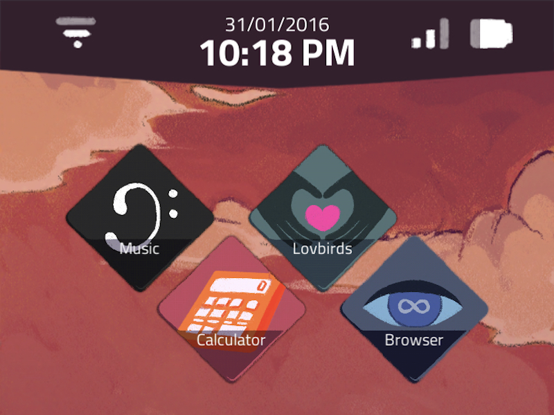 Icons on a phone screen that read Music, Lovbirds, Calculator, and Browser