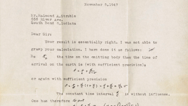 Letter from Einstein to Raimond Struble.  Letter is mostly typed but includes handwritten equations and Einstein's signature.
