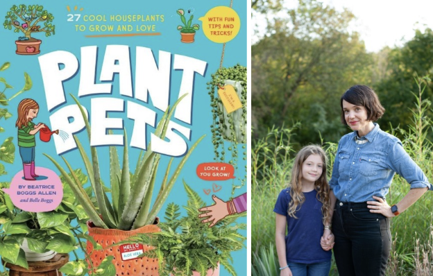 Photo of Bella and Bea Boggs and  the book cover of Plant Pets