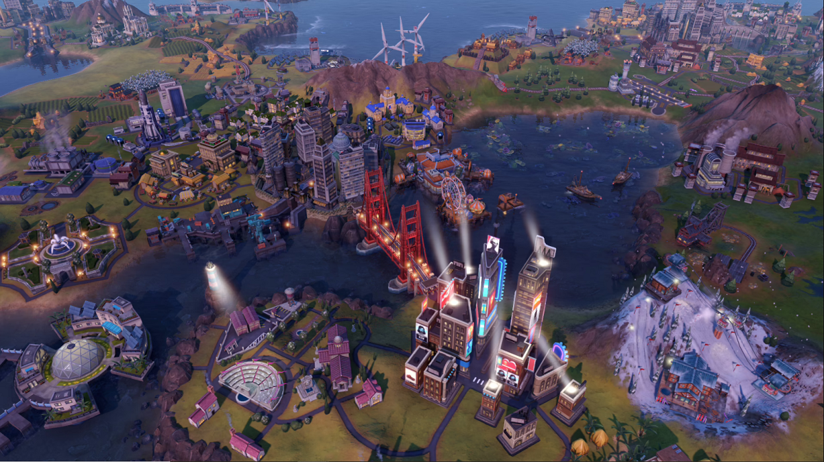 An overhead view of a city in the game Civilization VI