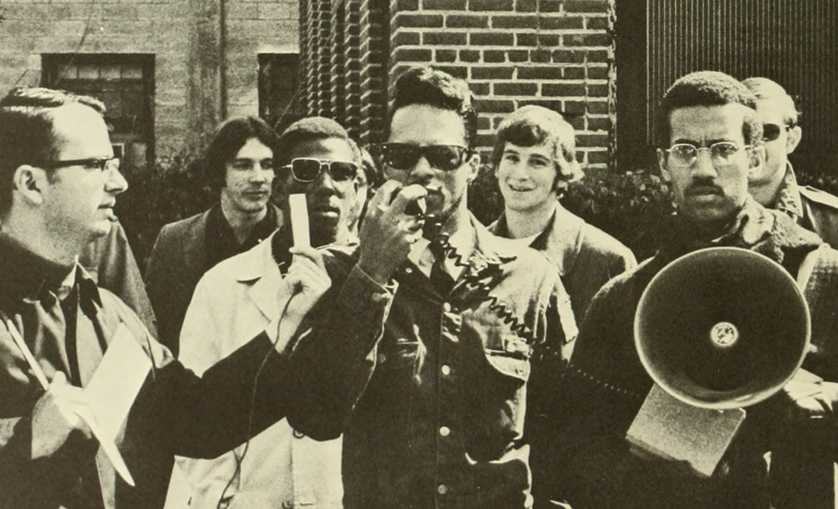 Eric Moore (Student Senate President, 1970) and other students speak out in solidarity with Black janitorial workers at NC State in a series of protests, 1969.