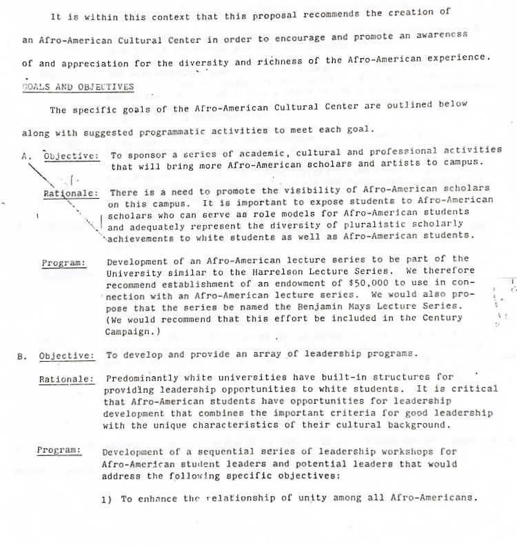 Excerpt from 1984 Report on Necessity of an African American Cultural Center by the Afro-American Advisory Council to the Chancellor