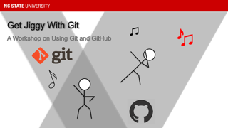 Screenshot of a slideshow in PowerPoint, depicting stick figures dancing near a GitHub logo.