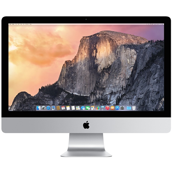 Image of desktop Mac with application dock at the bottom and desktop image of Yosemite.