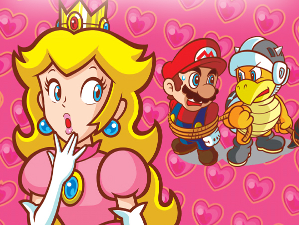 Princess Peach in the foreground looking shocked with Mario tied up in ropes by Bowser behind her