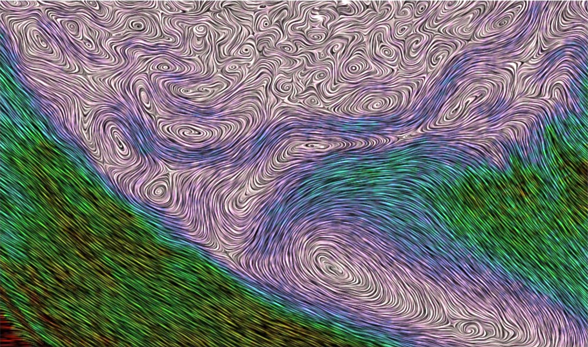 This image shows streamlines in a simulation of Earth's magnetosphere projected to the equatorial plane. The color is based on the magnitude of the ion flow speed. This image and others are computed in situ during the simulation for review afterwards.
