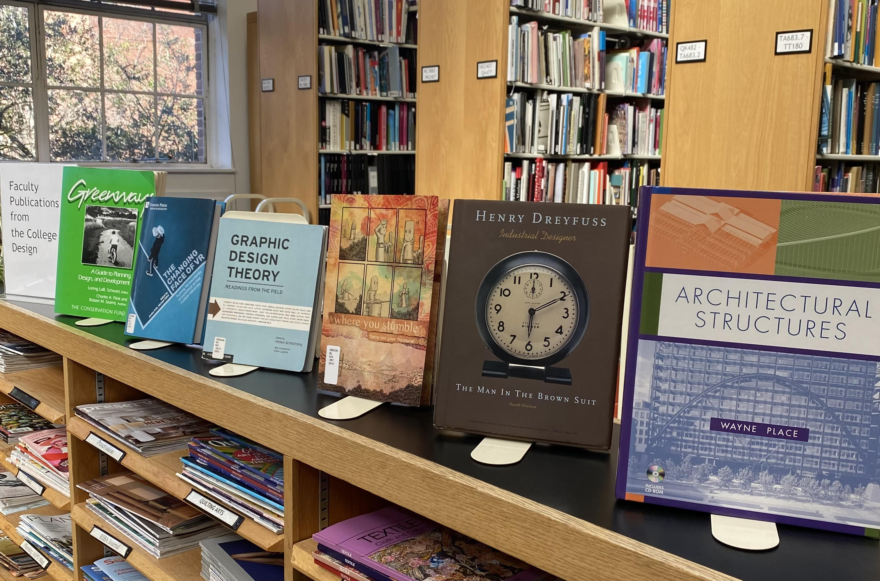 A display of books by faculty members in the College of Design. 