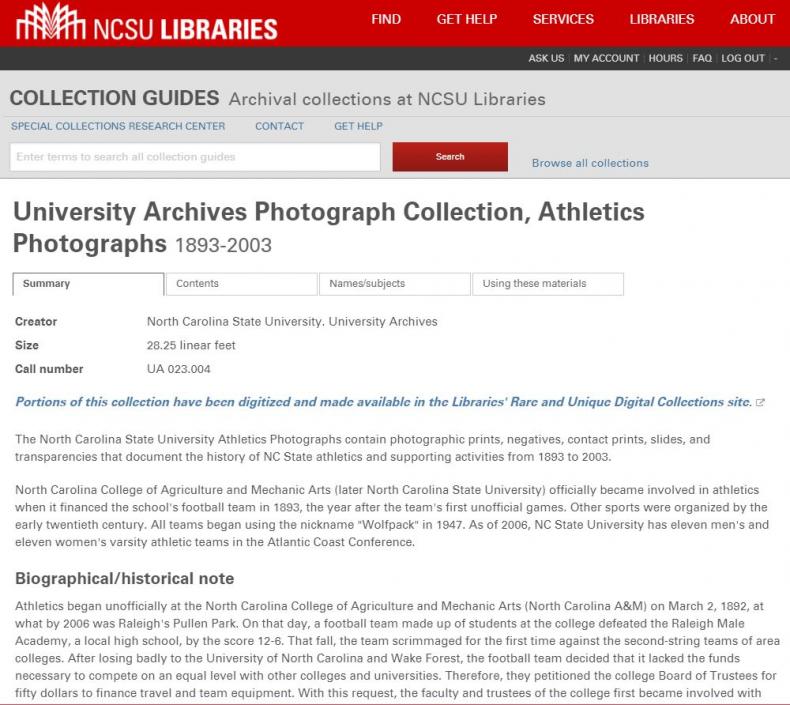 Finding aid of University Archives Photograph Collection, Athletics Photographs showing descriptive notes