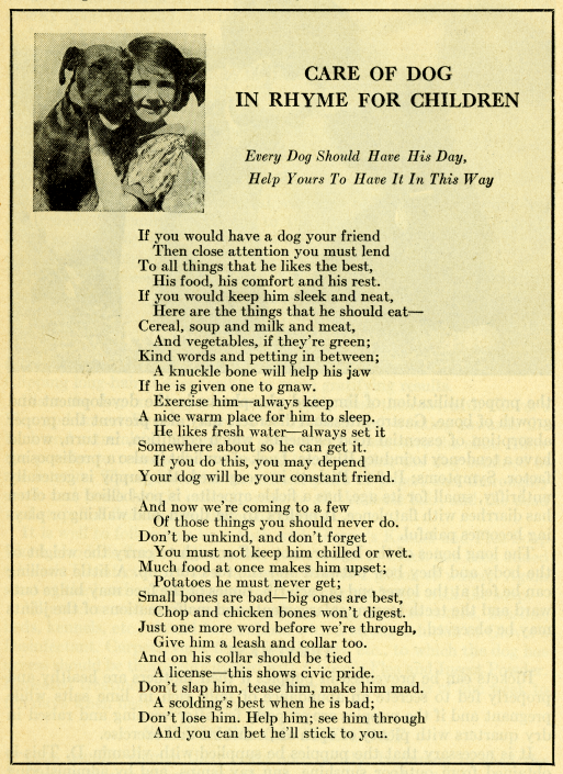 “Care of Dog in Rhyme for Children,” in Glover's Guide For the Care of Your Dog (1935)