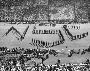 North Carolina State College marching band during halftime of game against University of North Carolina at Chapel Hill. 1950.