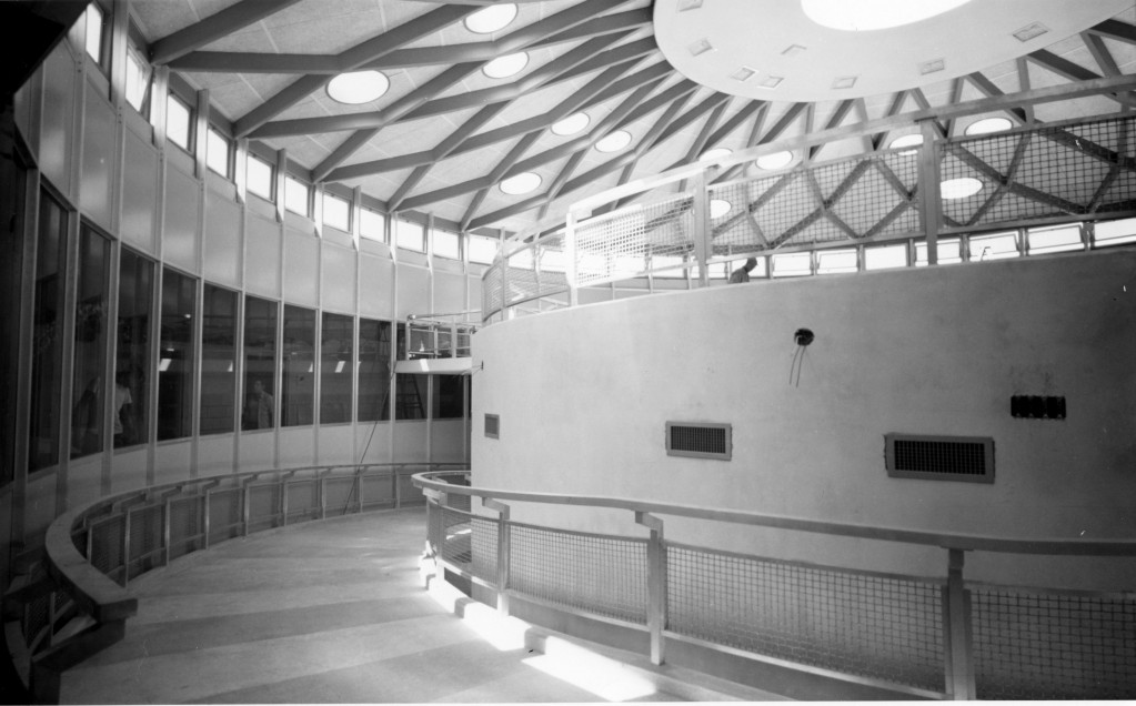 Interior view of ramp around core of Harrelson Hall.