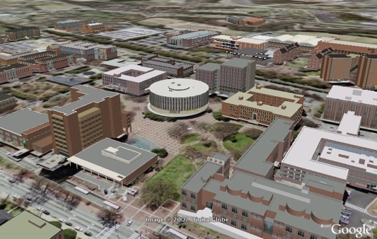 NCSU Main Campus in Google Earth, looking South West.  3D buildings created and submitted to the Google 3D Warehouse by NCSU students are available in Google Earth.