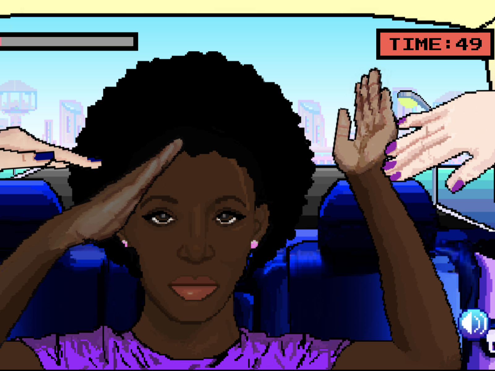 Black woman with an Afro using her hands to block white hands from touching her hair
