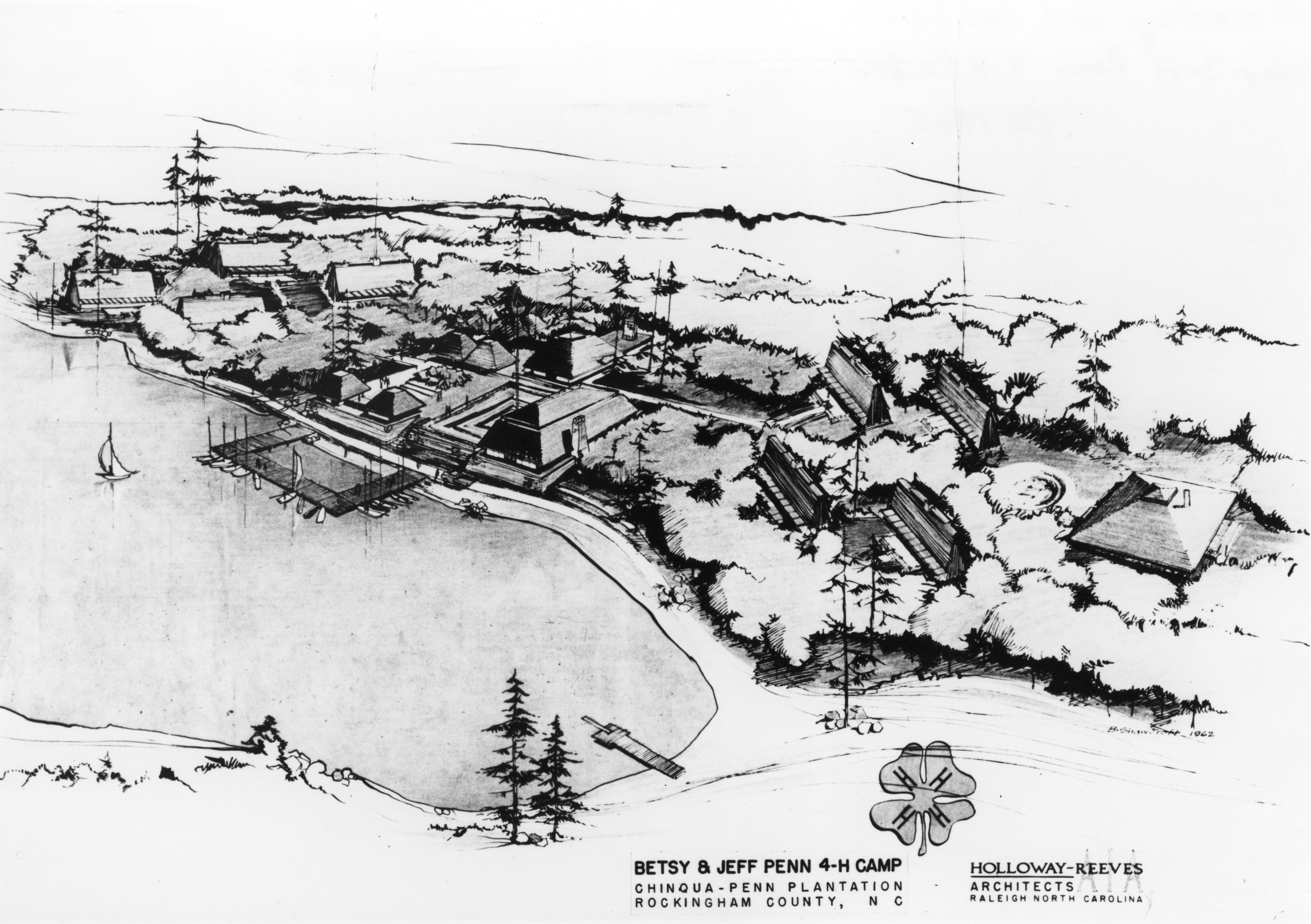 Aerial drawing of the Betsy & Jeff Penn 4-H Educational Center facilities, circa 1965.