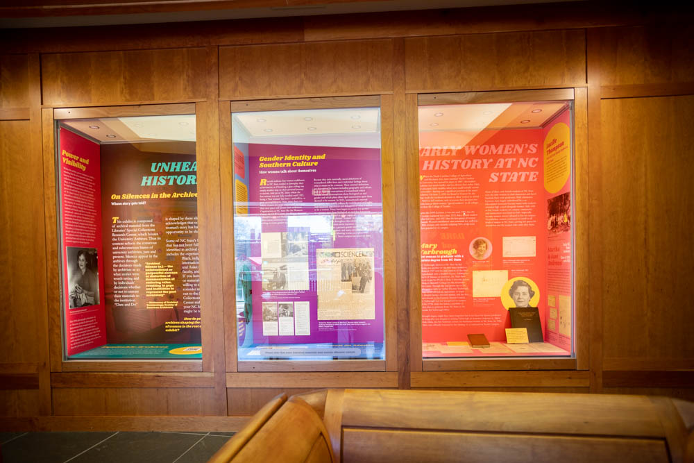 Introductory cases give an overview of themes in the exhibit and show the early history of women at NC State