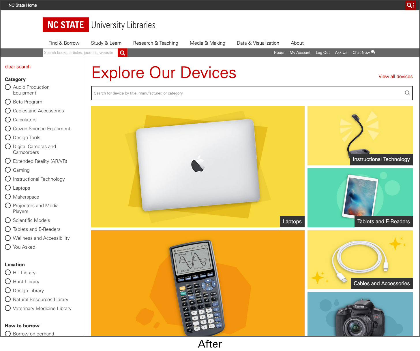 Explore Our Devices page, with search box, filters, and fun images. The design is intereactive and exciting