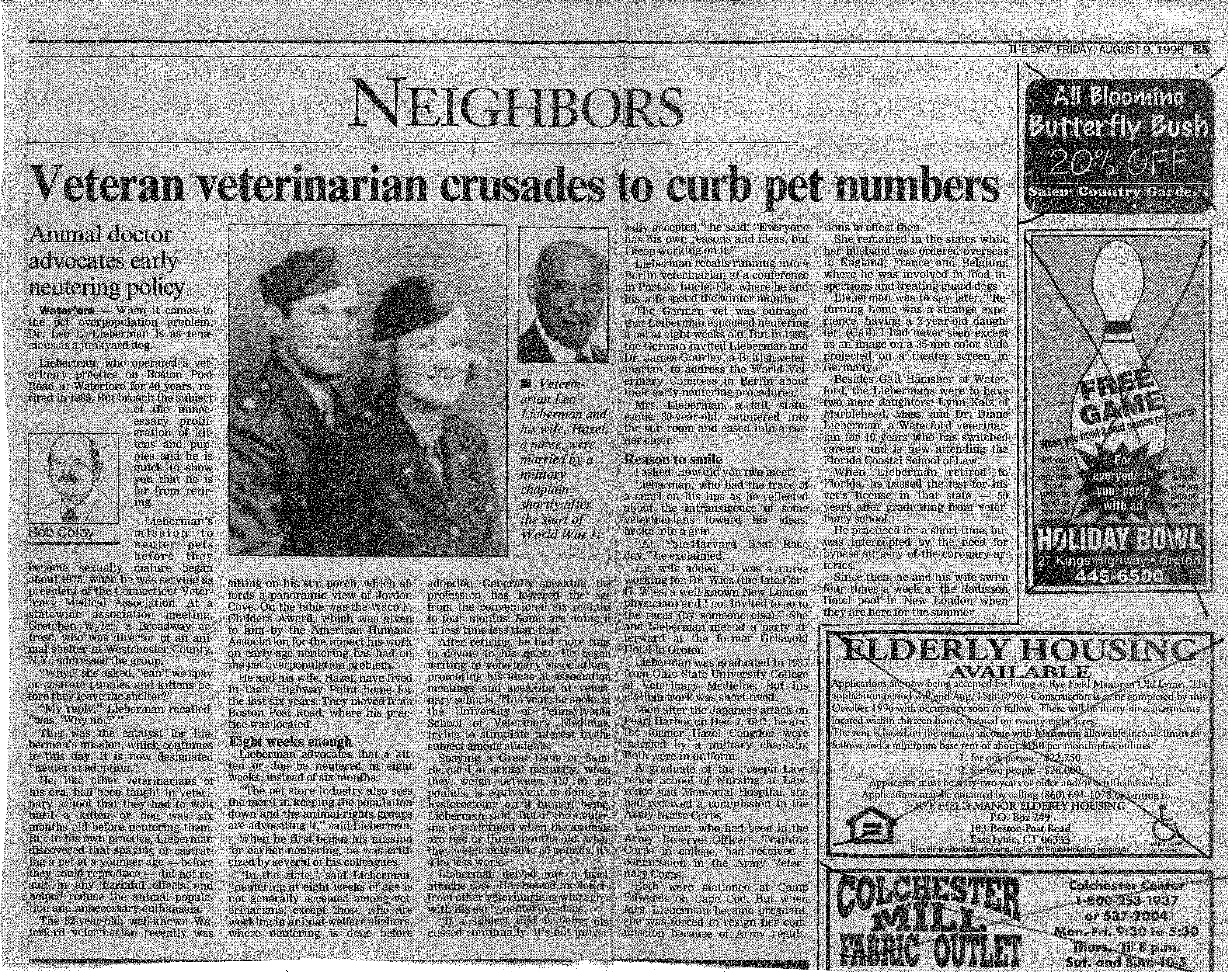 Newspaper about Lieberman’s advocacy work in The Day, August 9, 1996 (Box 14, Folder 20)