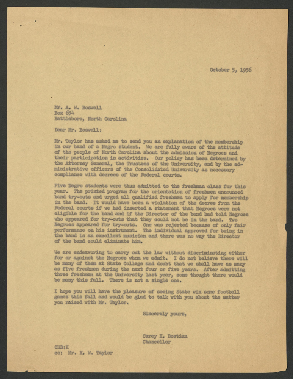 A scan of a typed letter from Chancellor Bostian to Mr. A.W. Boswell regarding Boswell's opposition to NC State University having an African American student in the band. (Oct. 5, 1956)