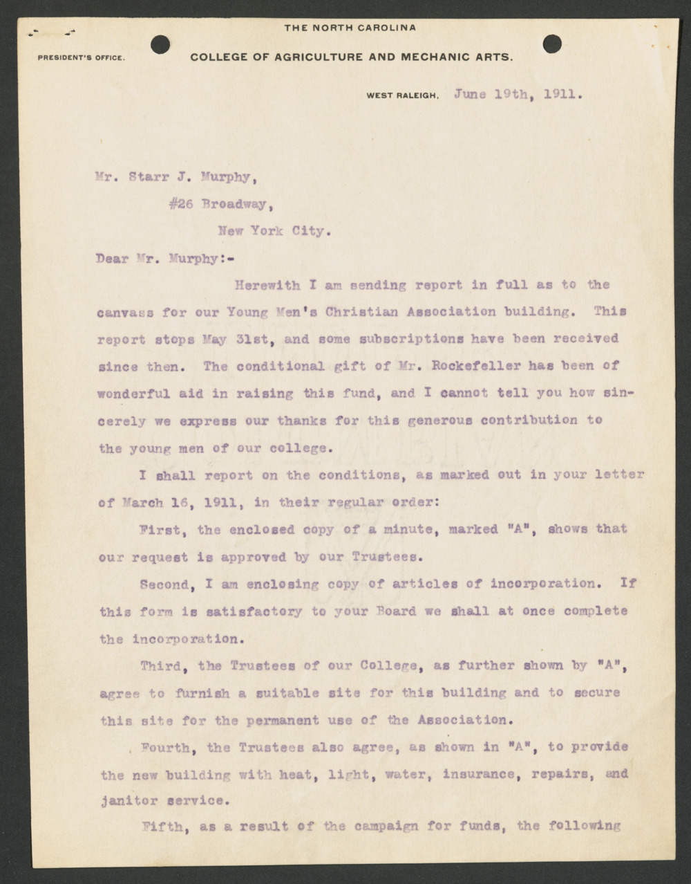 An image of the first page of a type letter from D.H. Hill Jr. to Mr. Starr J. Murphy. The letter is dated June 19th, 1911.