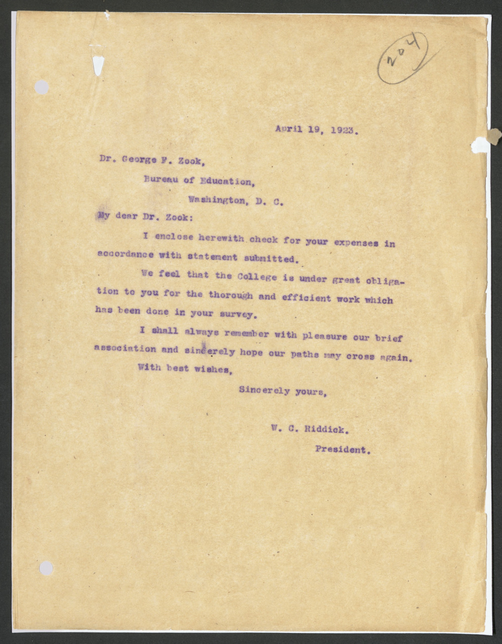 A scan of a typed letter from President W.C. Riddick to Dr. George F. Zook, dated April 19th, 1923.