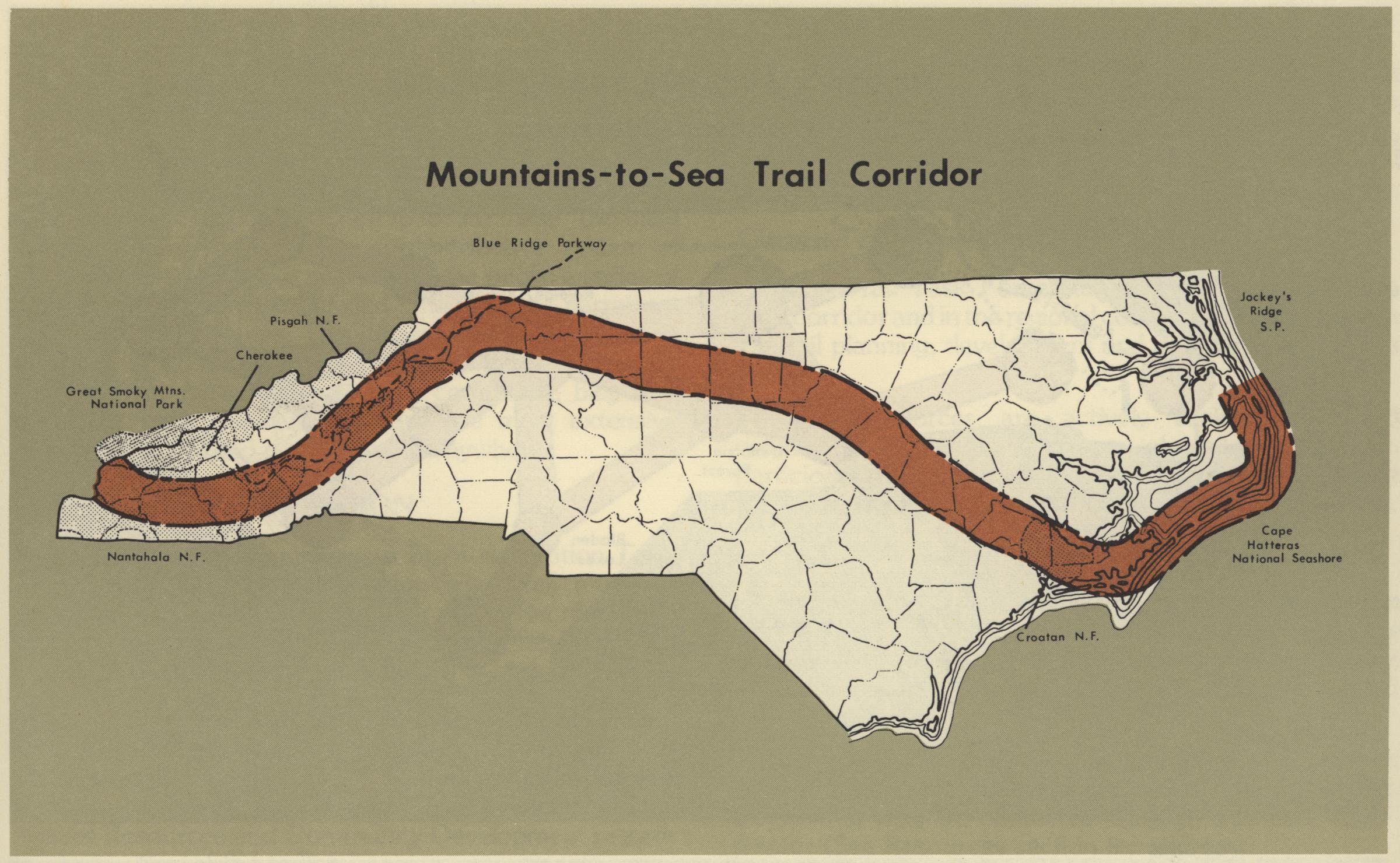 A map depicting the Mountains-to-Sea Trail Corridor in North Carolina.