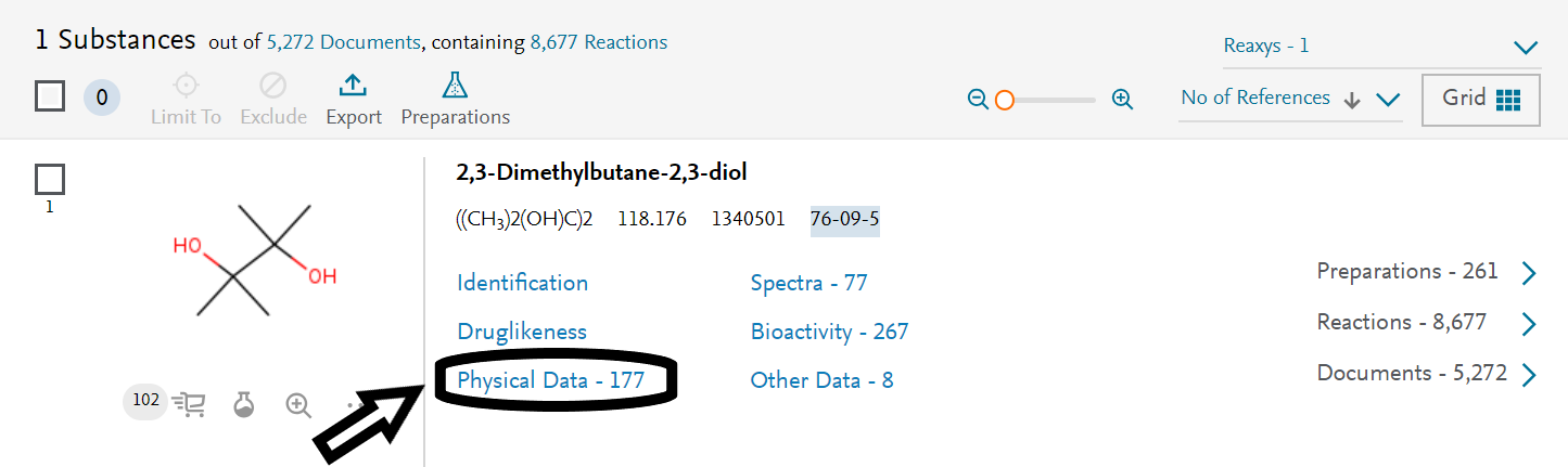 Reaxys search results highlighting link to physical data for a given substance.