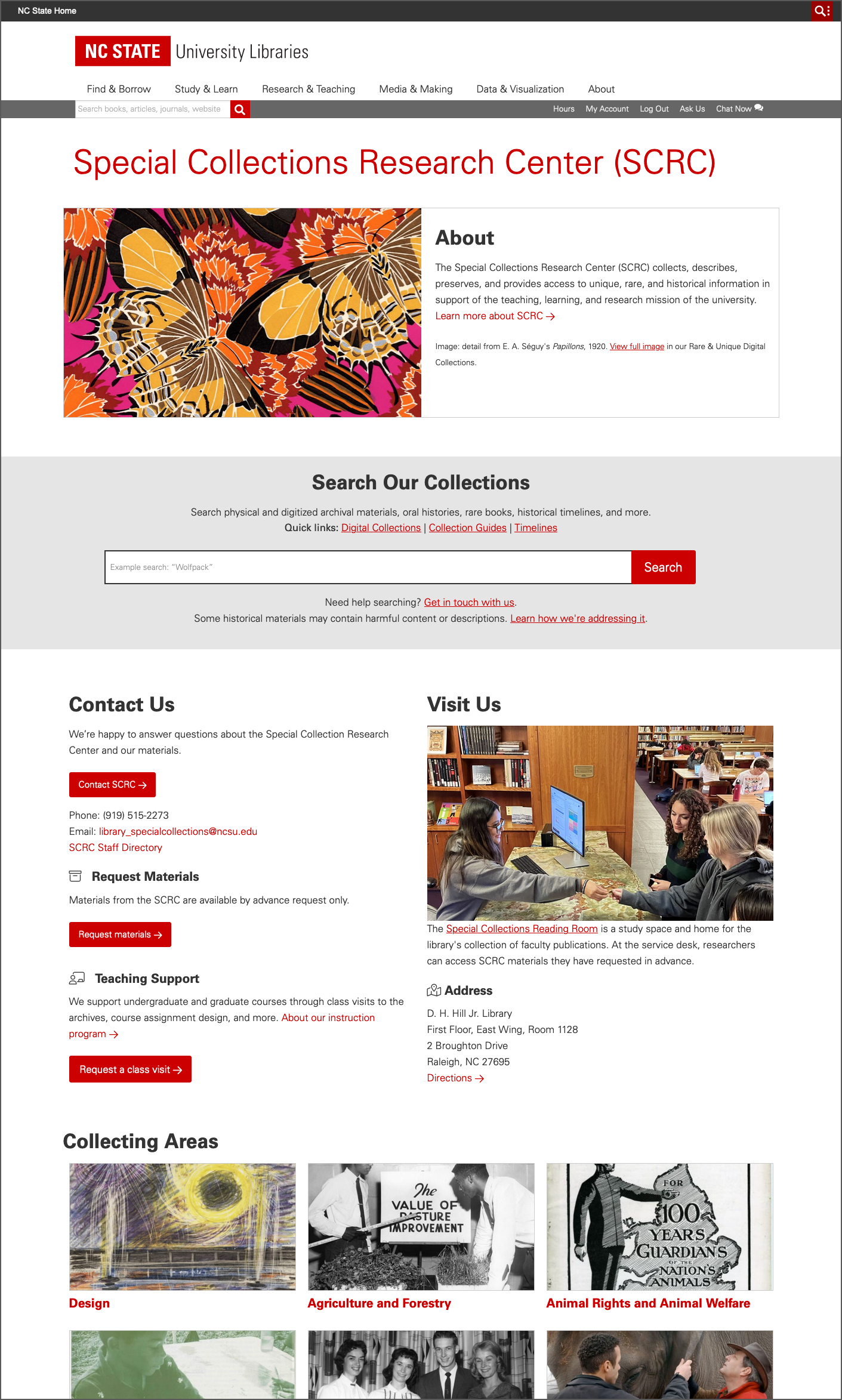 Screenshot of live webpage, with an illustration of butterflies, description of SCRC&apos;s purpose, and a large search box