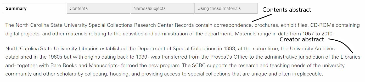 Screenshot of the two abstracts for the Special Collections Research Center Records.