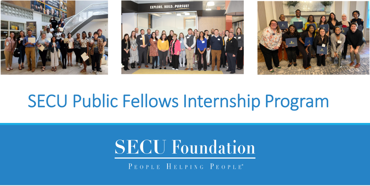 *Multiple groups of students in the "SECU Public Fellows Internship Program" and "Explore. Build. Pursue!." in the background.*