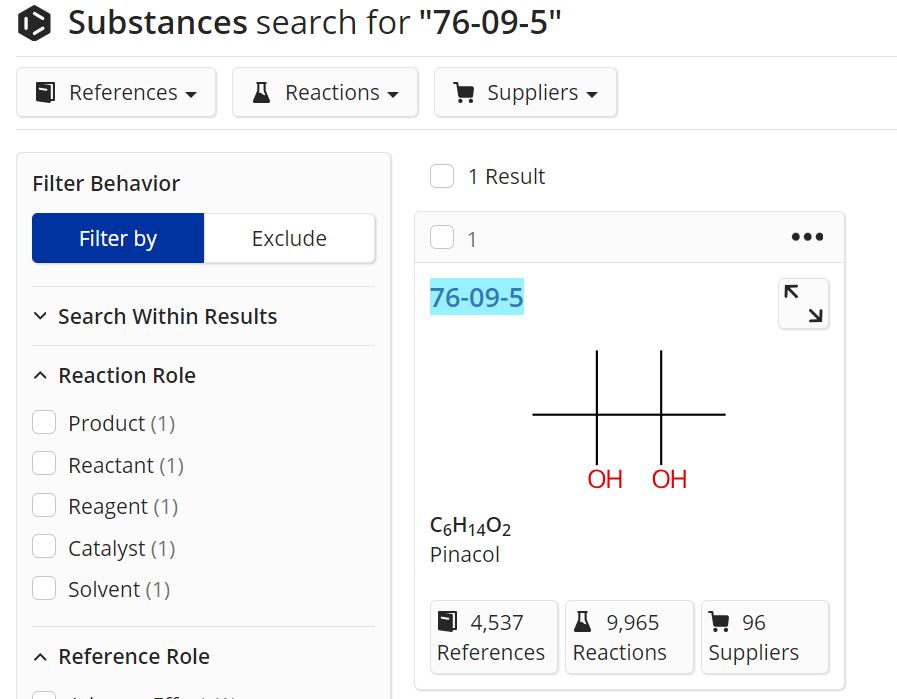 SciFinder-n search results for the substance Pinacol.