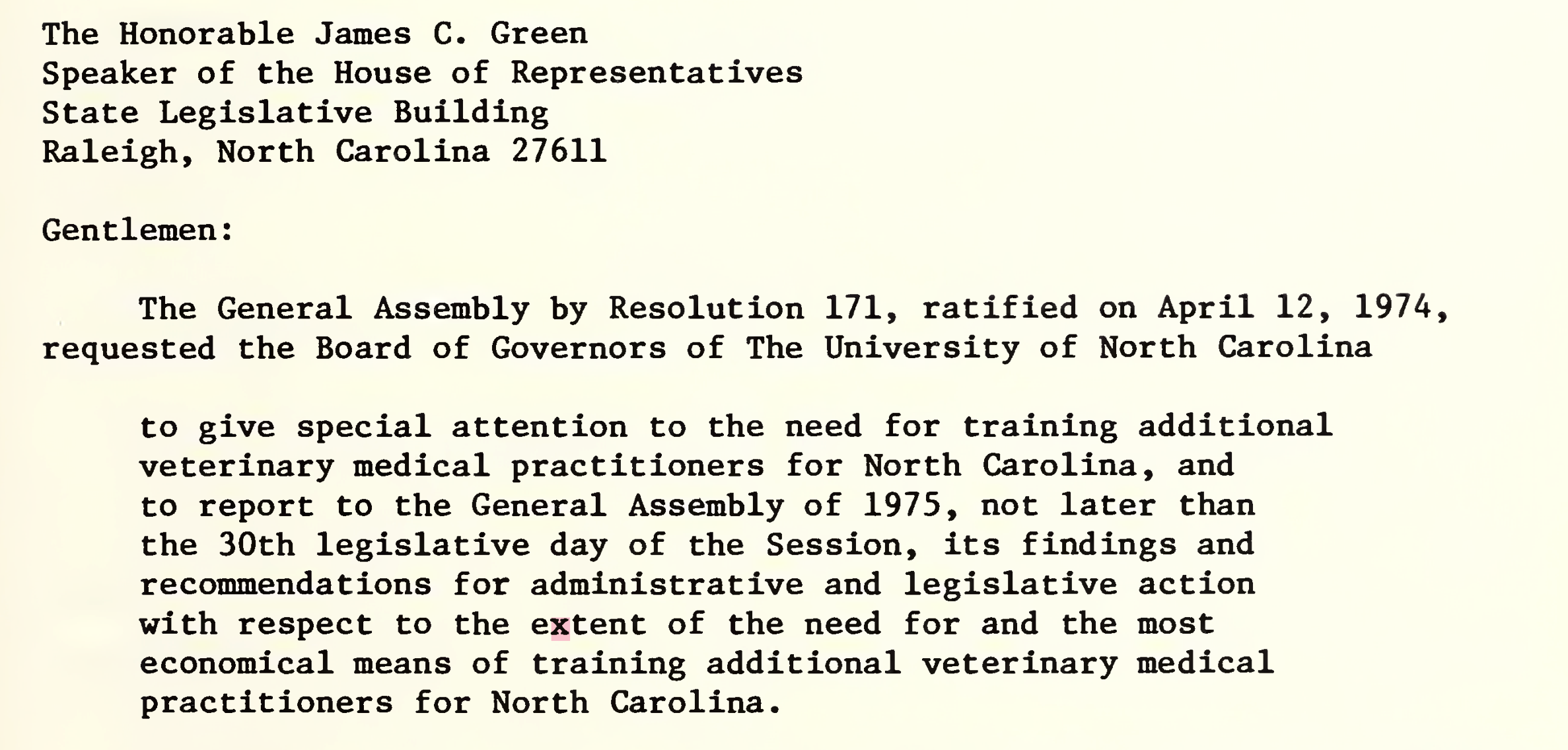Veterinary Medical Education in North Carolina: A Special Report to the General Assembly, December 18, 1974