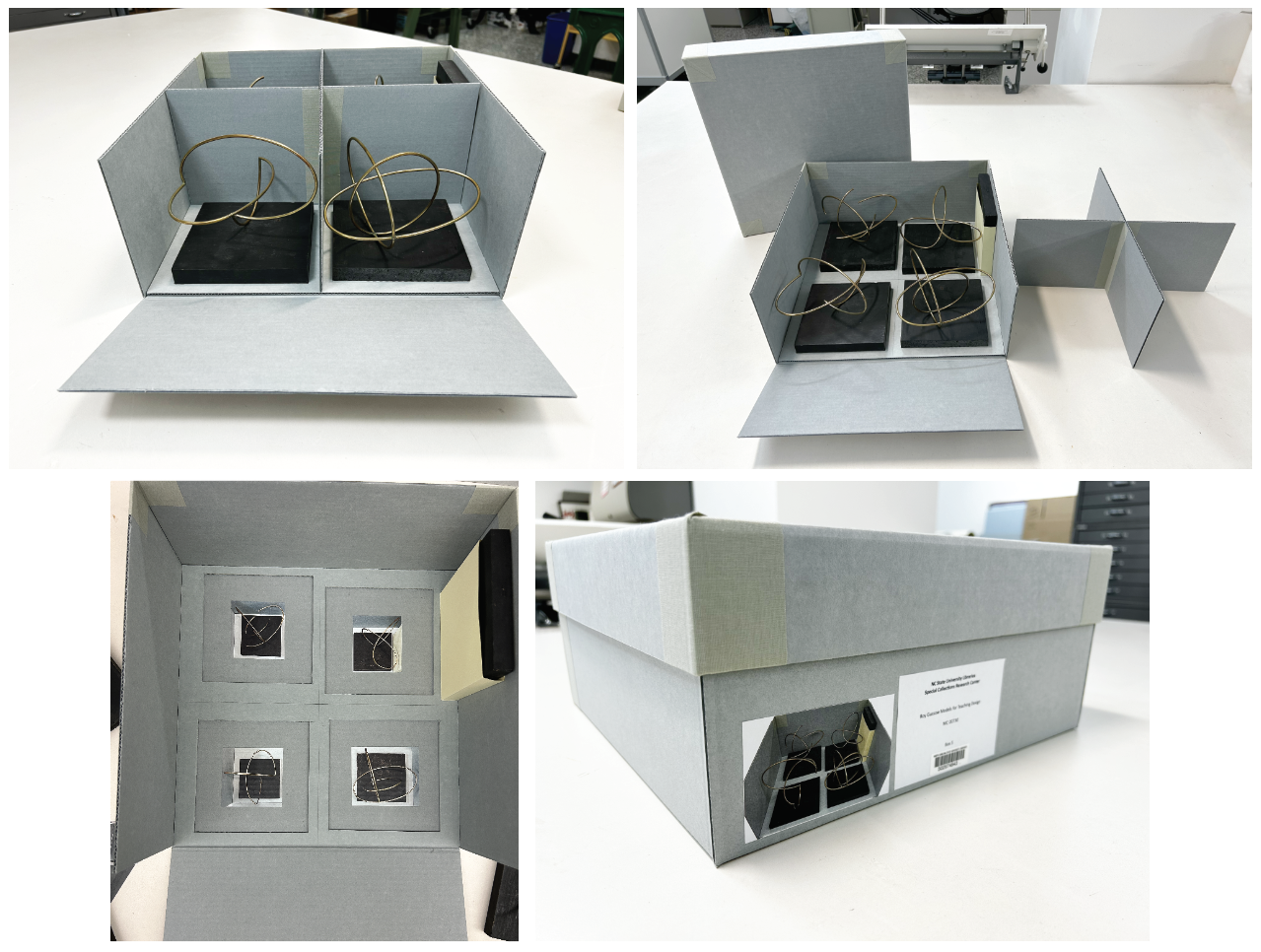 Models made of wire extended over their bases and swiveled. They required specific placement to secure them inside their new box, which is indicated by photos in the base.