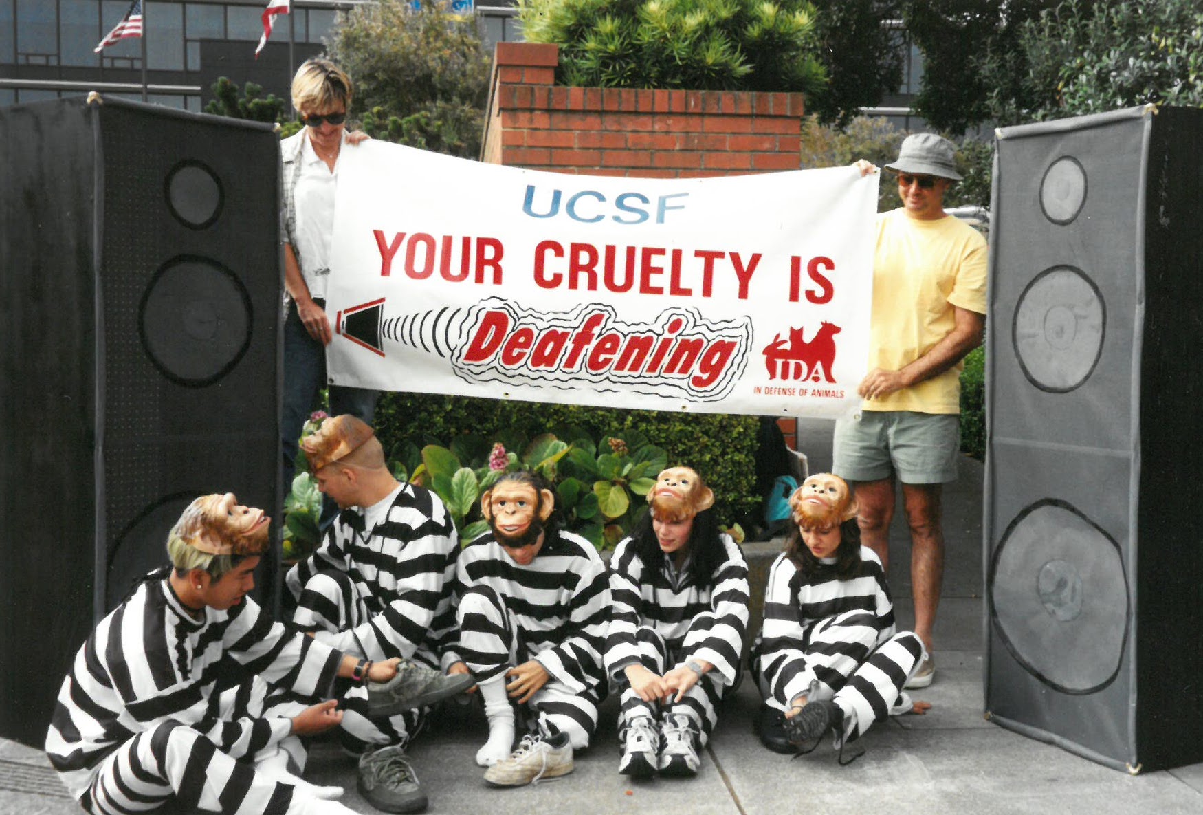 UCSF protest with people dressed as monkeys