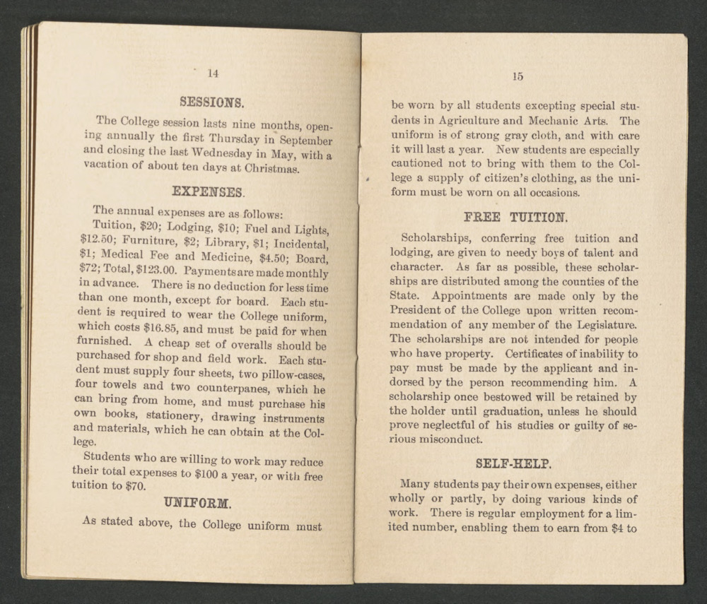 Image of pages 14 and 15 of a booklet titled "The North Carolina College of Agriculture and Mechanic Arts." The booklet is undated.