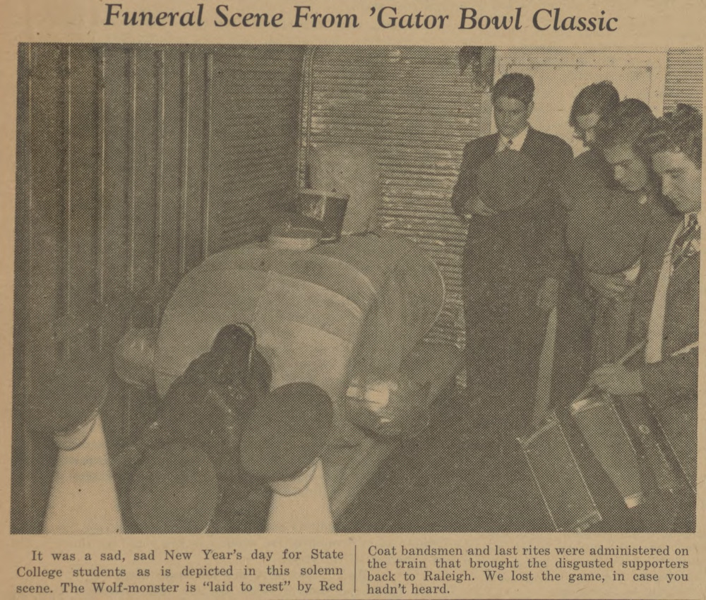 Funeral scene for Wolf-monster mascot (Technician, Vol. 30 No. 13 [Vol. 27 No. 13], January 10, 1947)