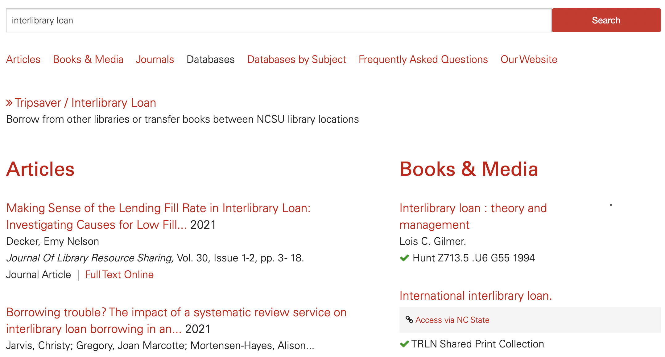 A search for "interlibrary loan" yields a "Tripsaver" Best Bet